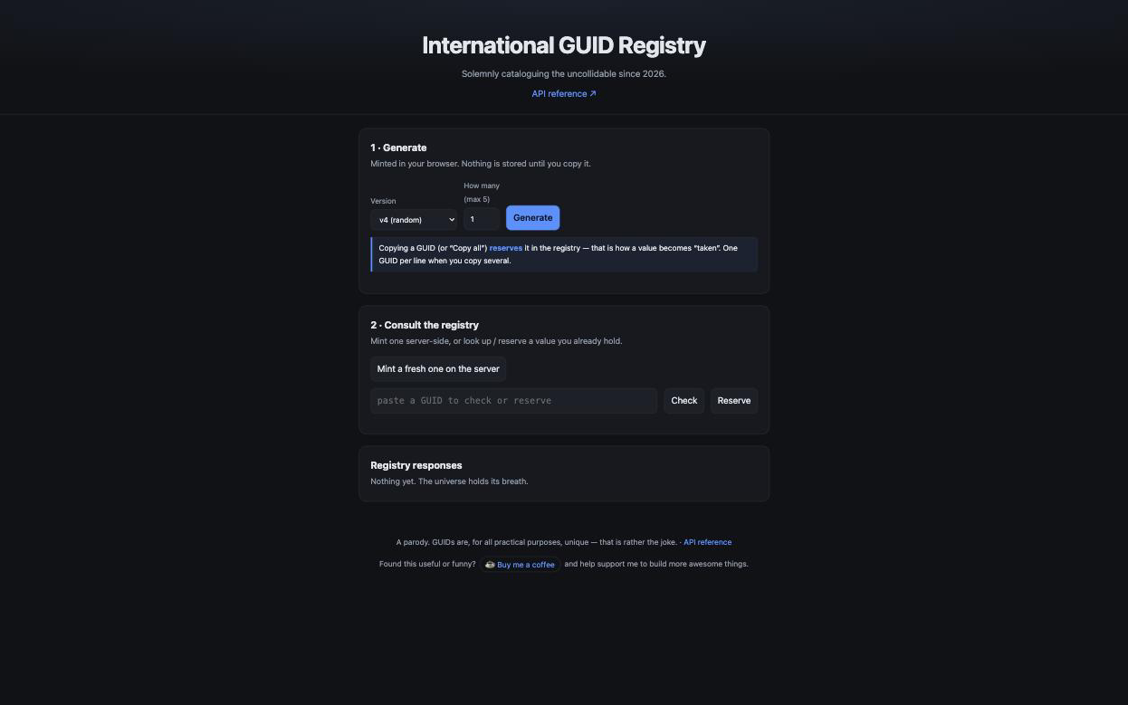 The International GUID Registry site with its Generate and Consult-the-registry panels on a dark interface