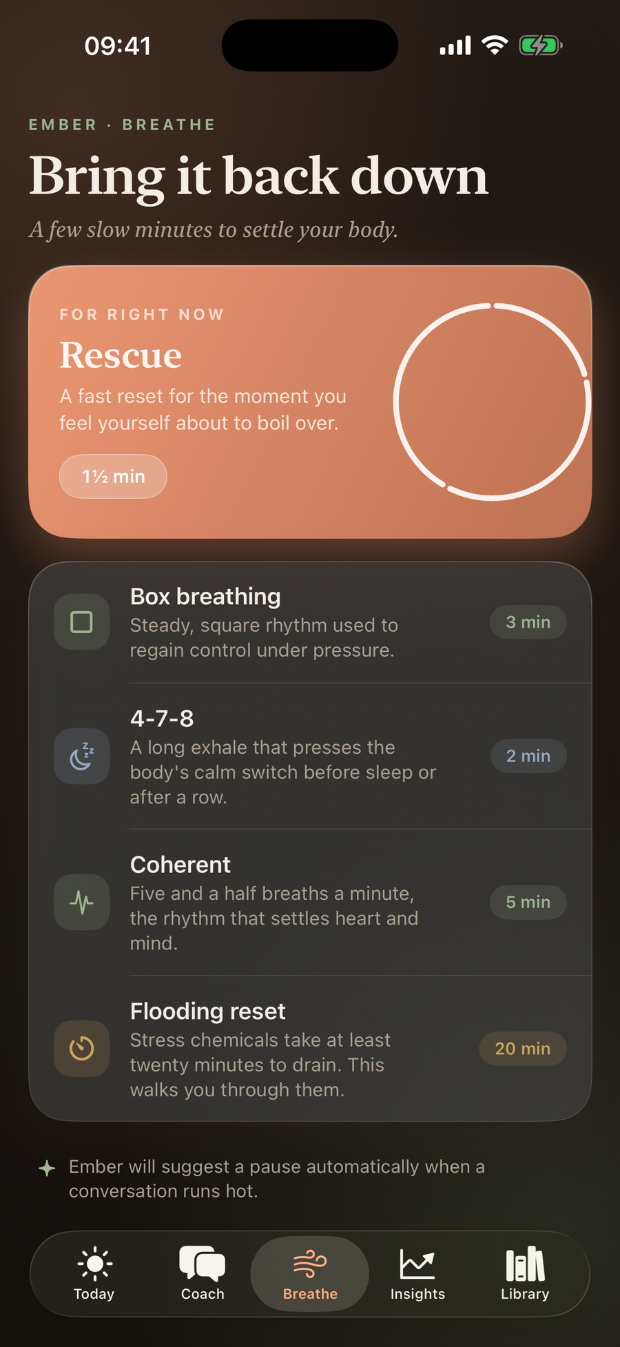 Simply Calm Breathe tab featuring a Rescue breathing card with a segmented breathing ring, in the dark theme