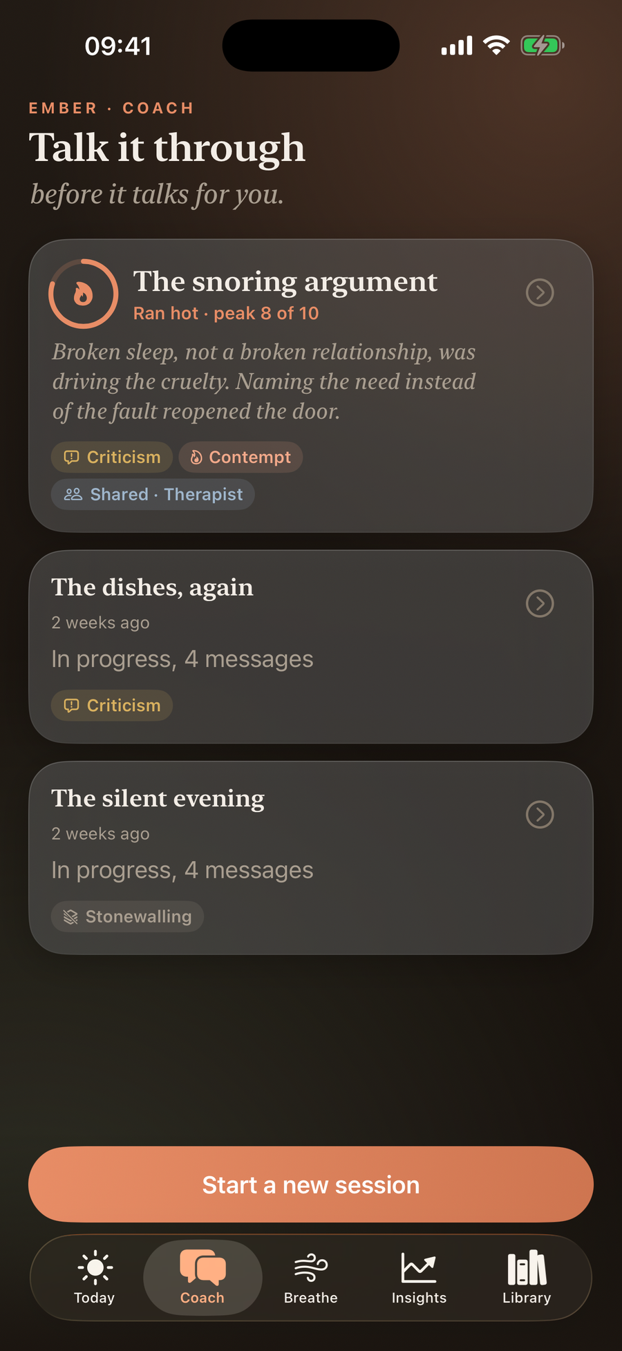Simply Calm Coach tab showing a list of past mediation sessions tagged by pattern