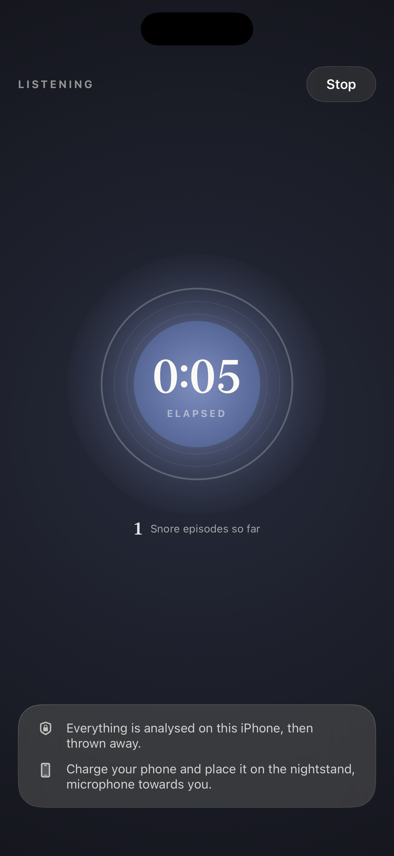 Simply Snore's live monitoring screen during an overnight listening session