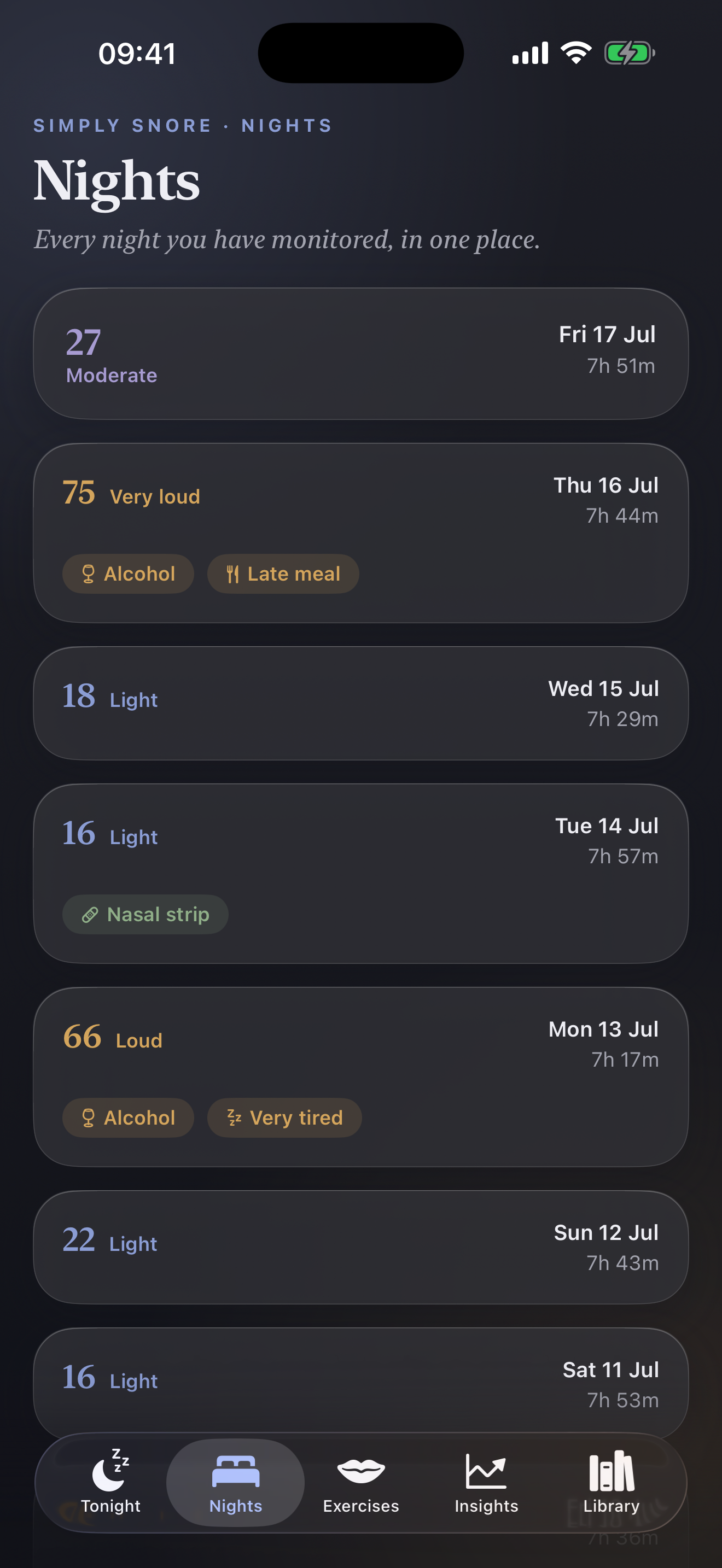 Simply Snore's Nights journal listing past sleep sessions with their scores