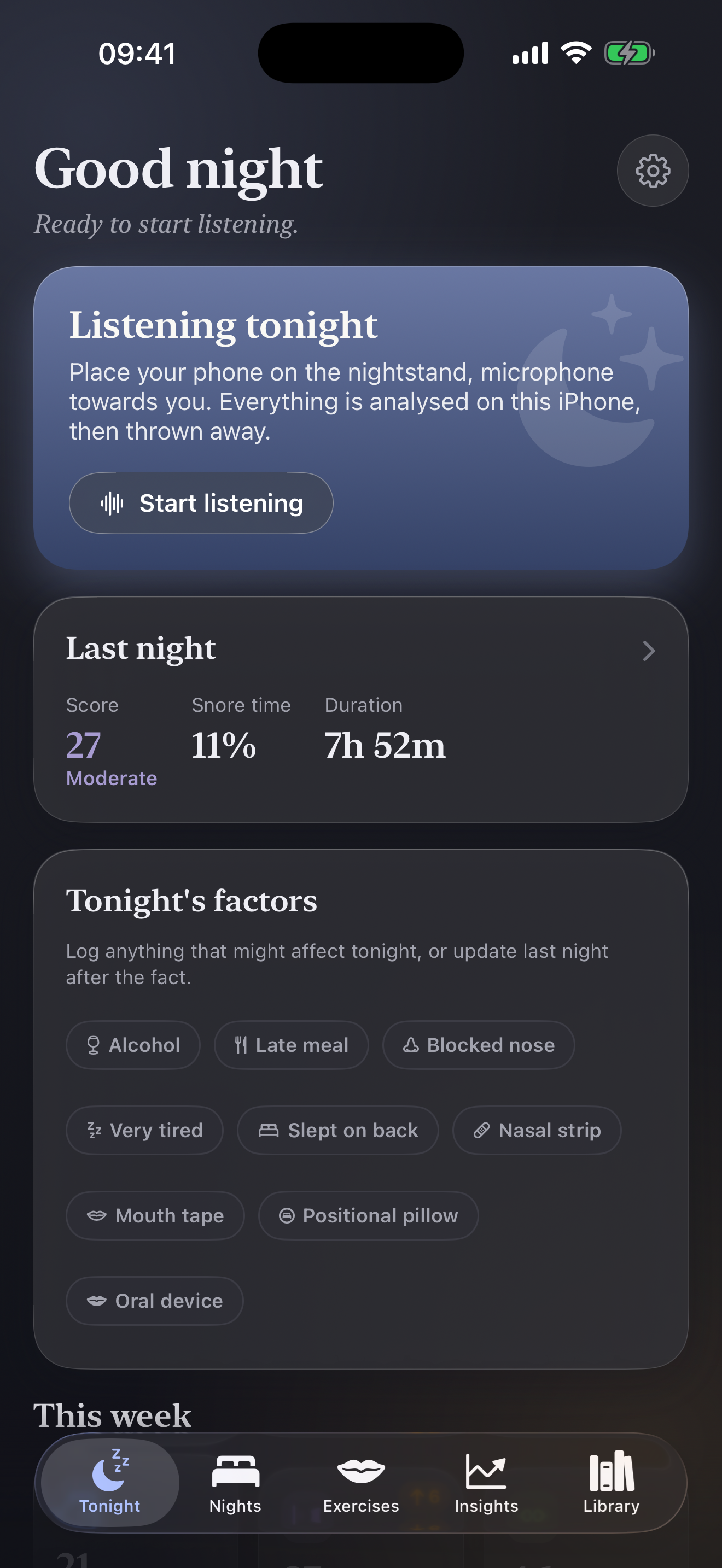 Simply Snore's Tonight home screen showing the Start Listening card and last night's score, snore time and duration