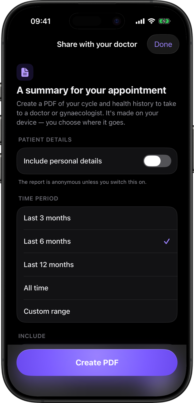 Simply Track doctor export on an iPhone, summarising cycle history as a clean PDF report