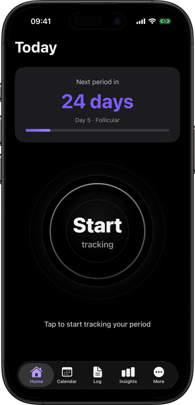Simply Track home screen on an iPhone, showing days until the next period and a start-tracking dial
